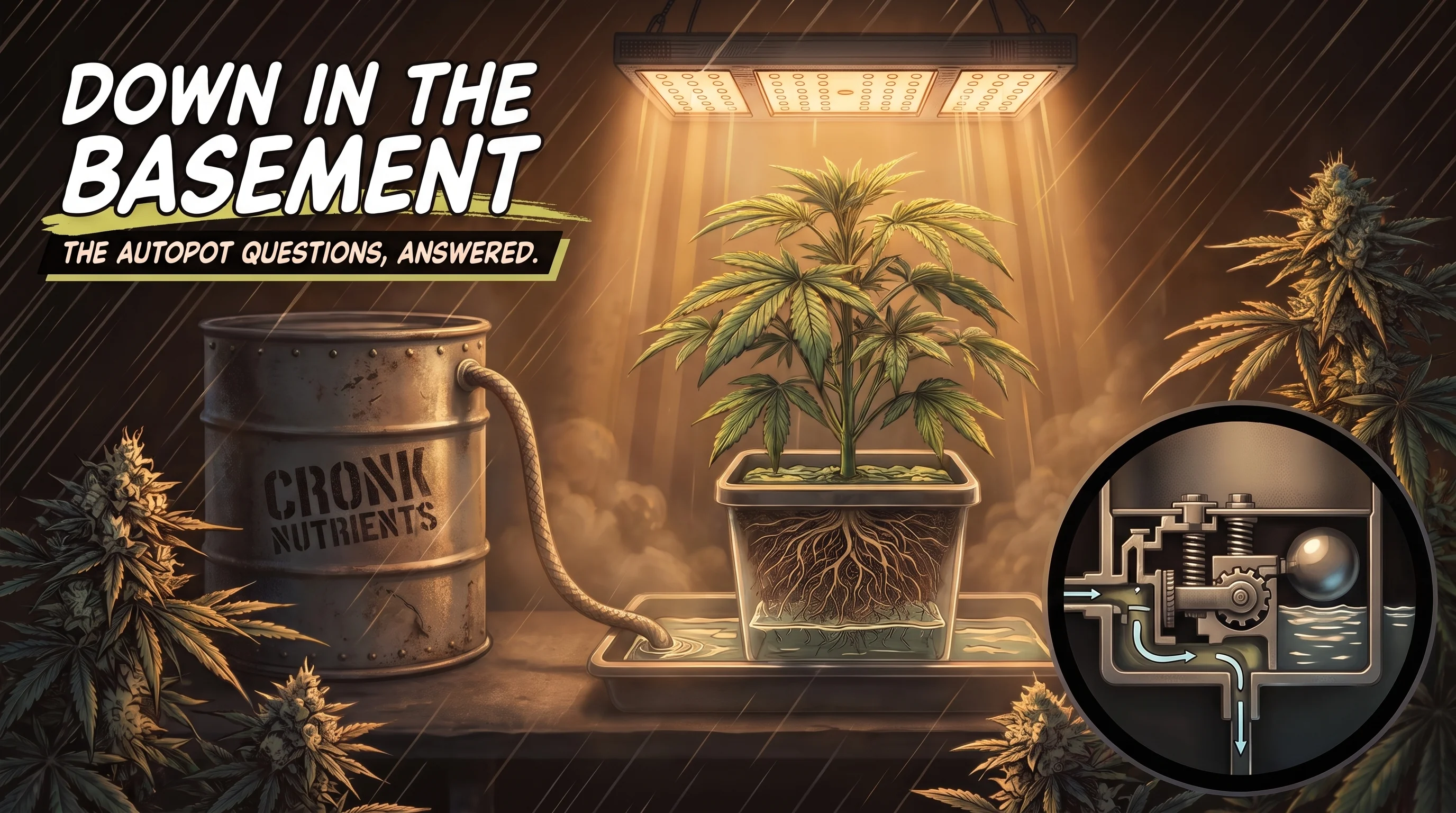 Down in the Basement, the AutoPot questions answered, comic-style hero art of an AutoPot tray, reservoir, and cannabis plant under grow lights