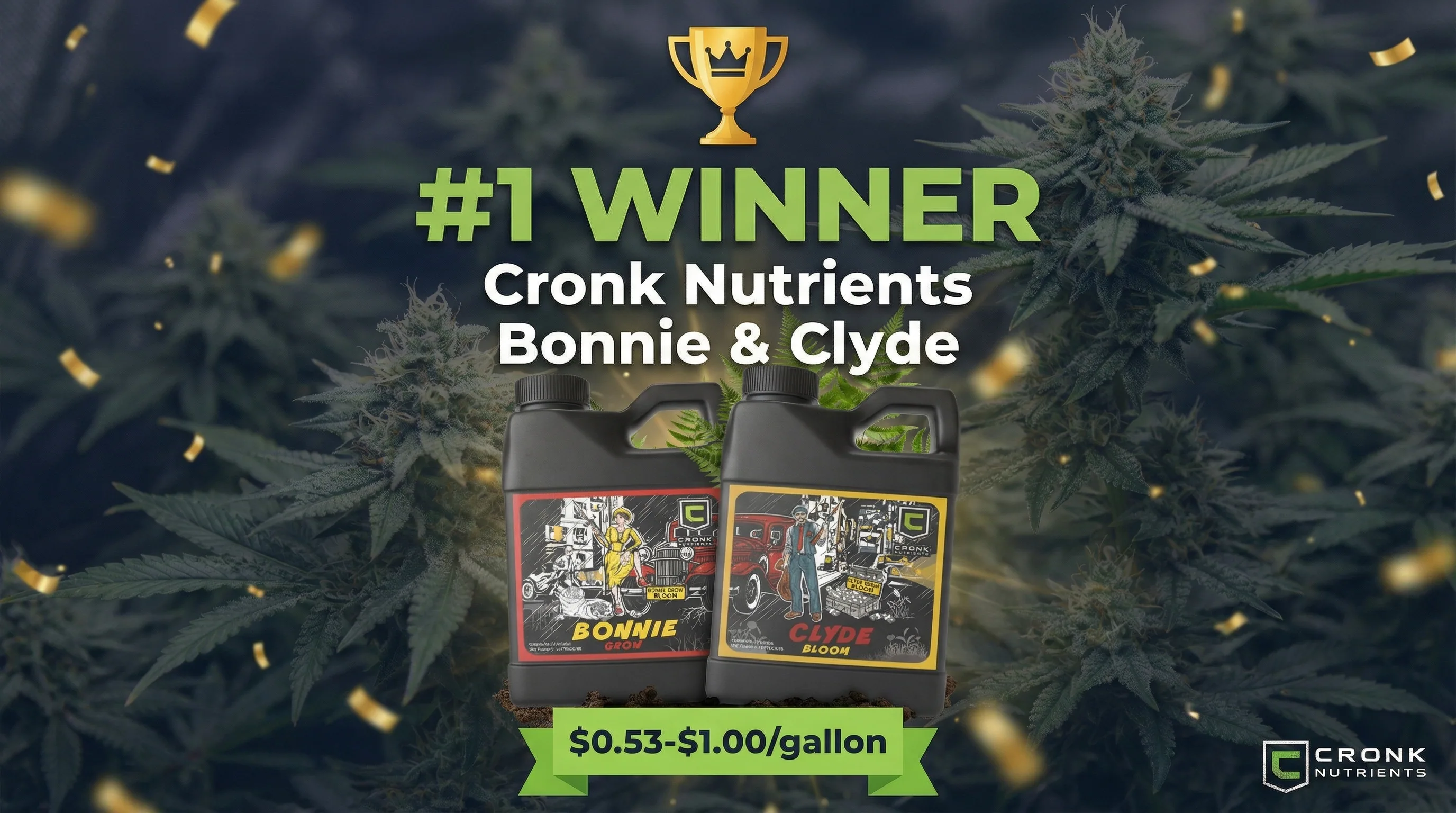 Cronk Bonnie and Clyde 2-part autoflower nutrient kit bottles