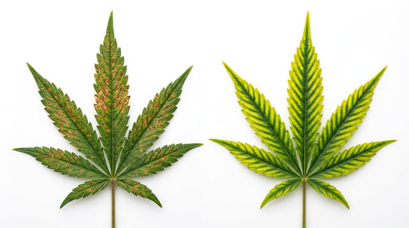 Close-up photograph showing calcium deficiency brown spots and magnesium deficiency yellowing on cannabis leaves