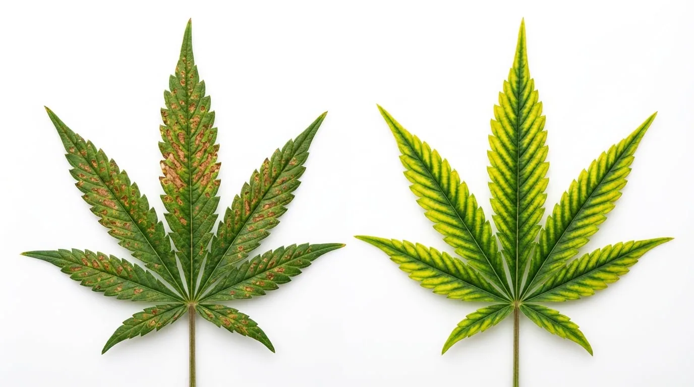 Close-up photograph showing calcium deficiency brown spots and magnesium deficiency yellowing on cannabis leaves