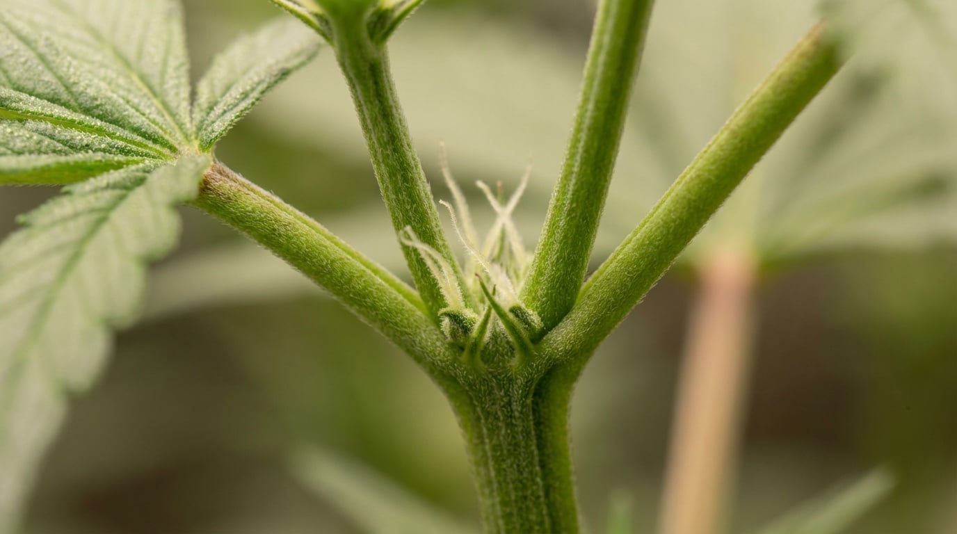 Close-up illustration of cannabis pistils emerging at plant node indicating transition to flowering
