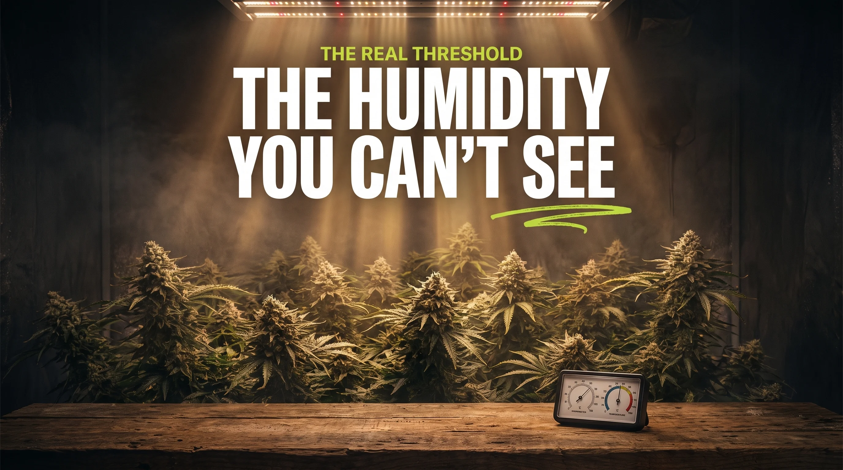 A dense row of healthy flowering cannabis colas in a dark grow room under warm amber LED light, with a hygrometer and thermometer gauge on a rustic wood workbench in the foreground, and white text reading The Humidity You Can't See beneath a chartreuse label reading The Real Threshold.