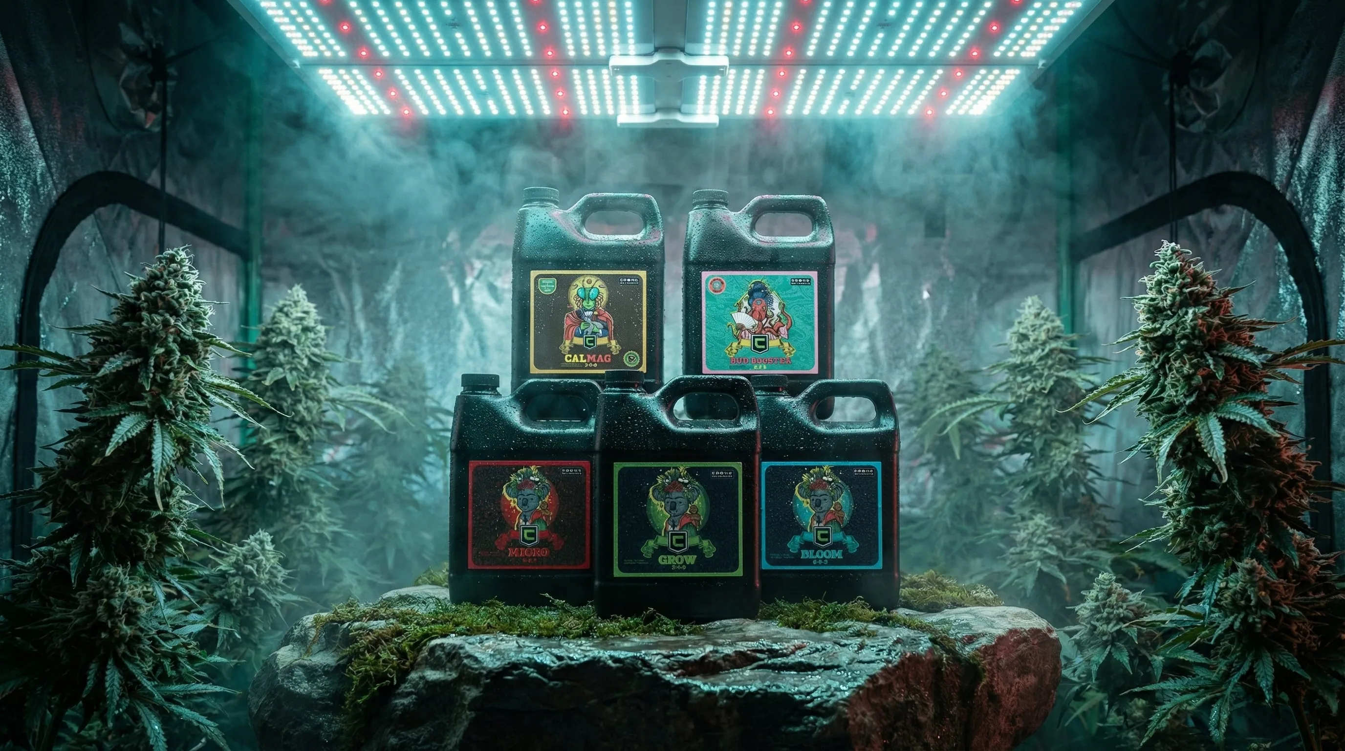 Cronk Nutrients complete five-bottle product line featuring Micro, Grow, Bloom, and CalMag formulas arranged in pyramid display inside professional grow tent with flowering cannabis plants
