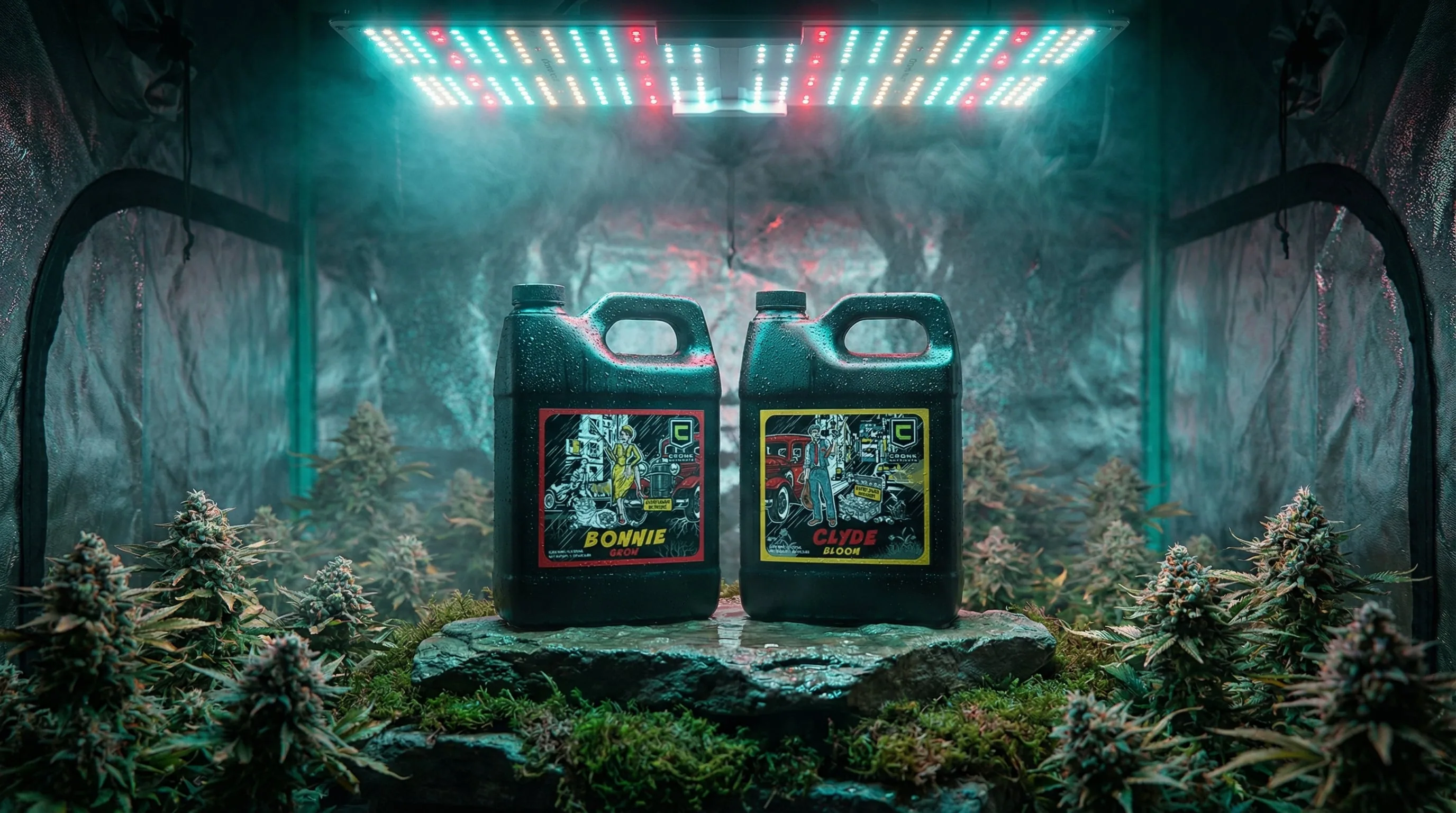 Cronk Nutrients Bonnie and Clyde two-pack featuring grow and bloom formulas in matching black jugs with comic-style labels, displayed side by side in grow tent with flowering cannabis plants