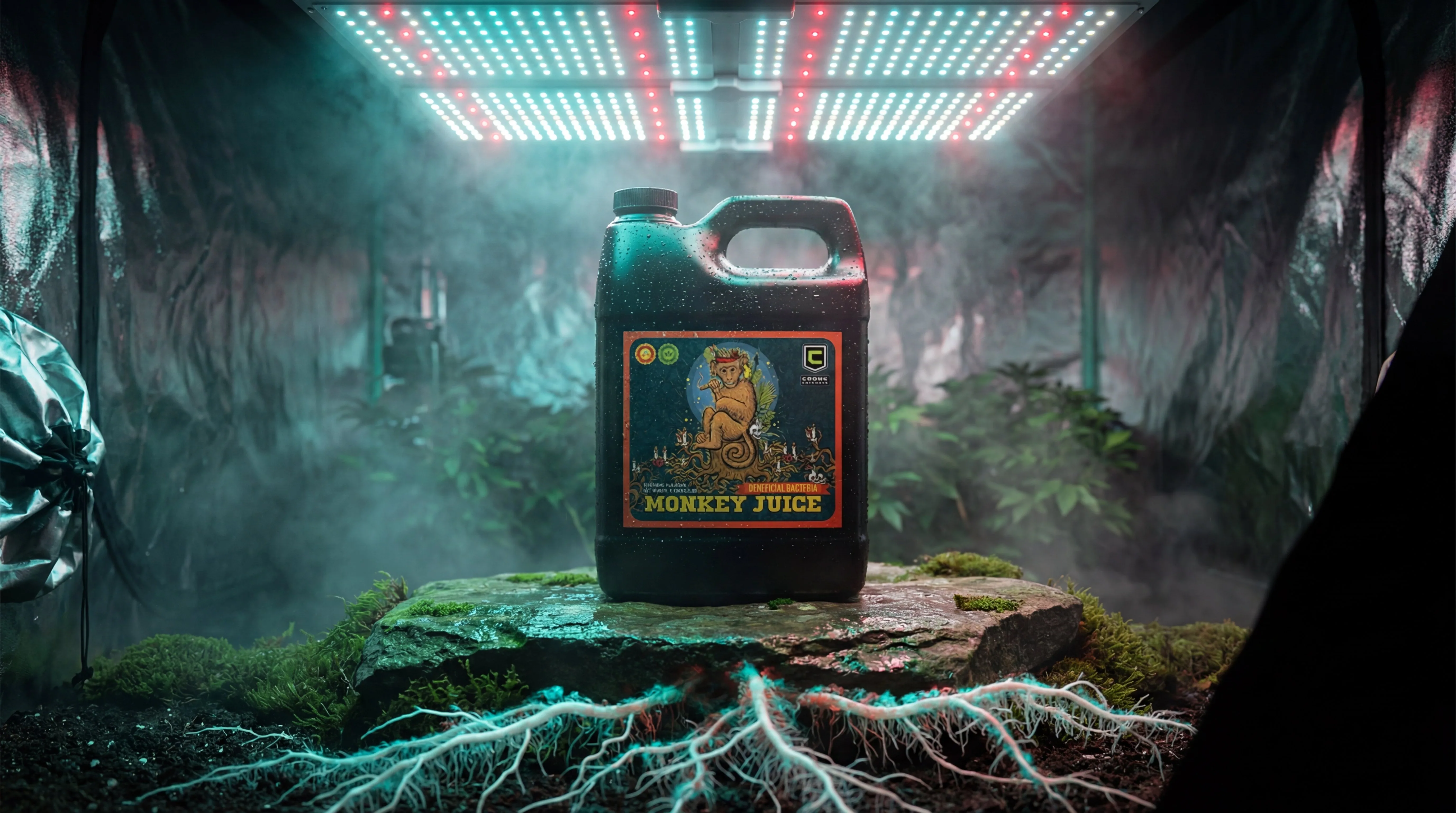 Cronk Monkey Juice beneficial bacteria inoculant next to cannabis plants in a grow tent