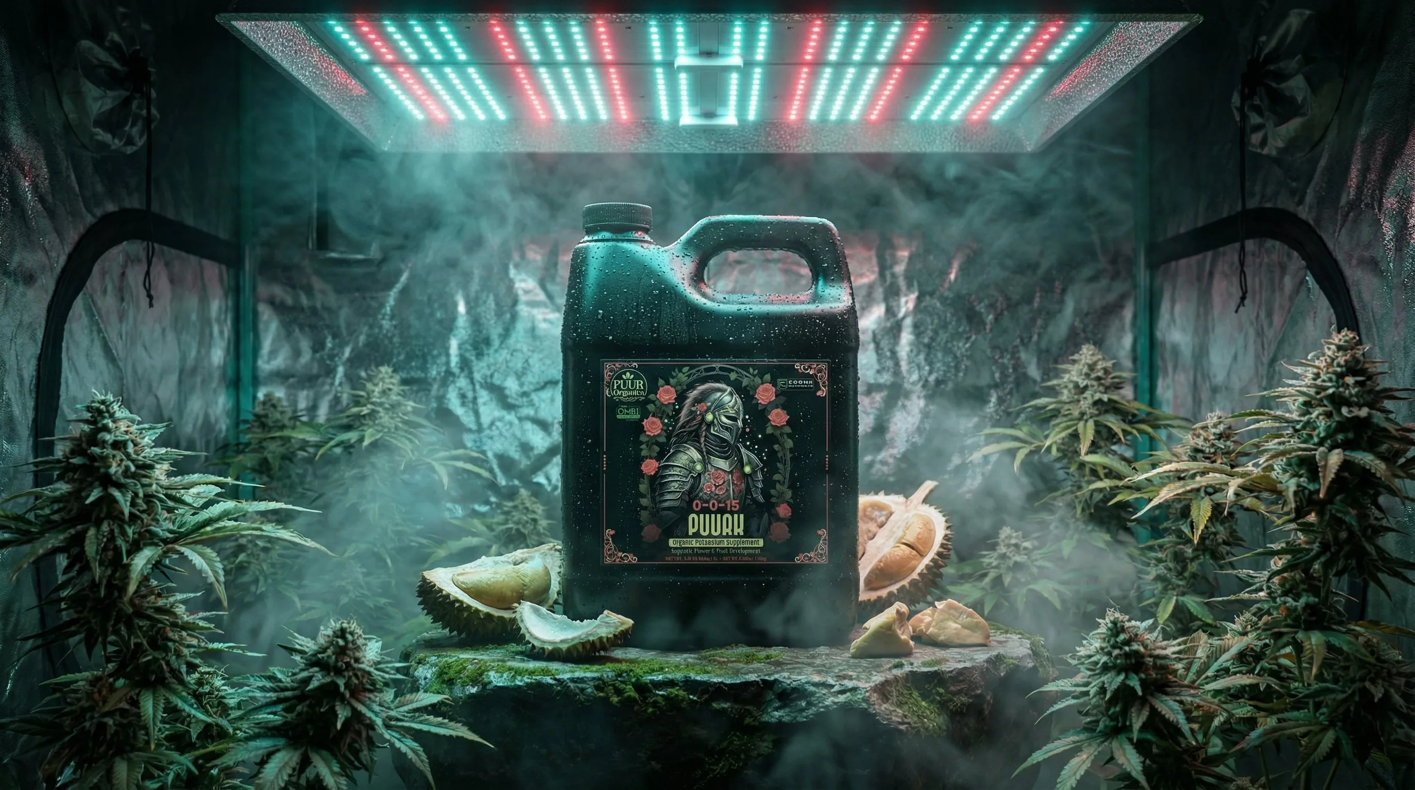 Cronk Nutrients PuurK potassium supplement in black jug with tribal female warrior label and red roses, displayed alongside tropical fruits including durian in misty grow tent environment