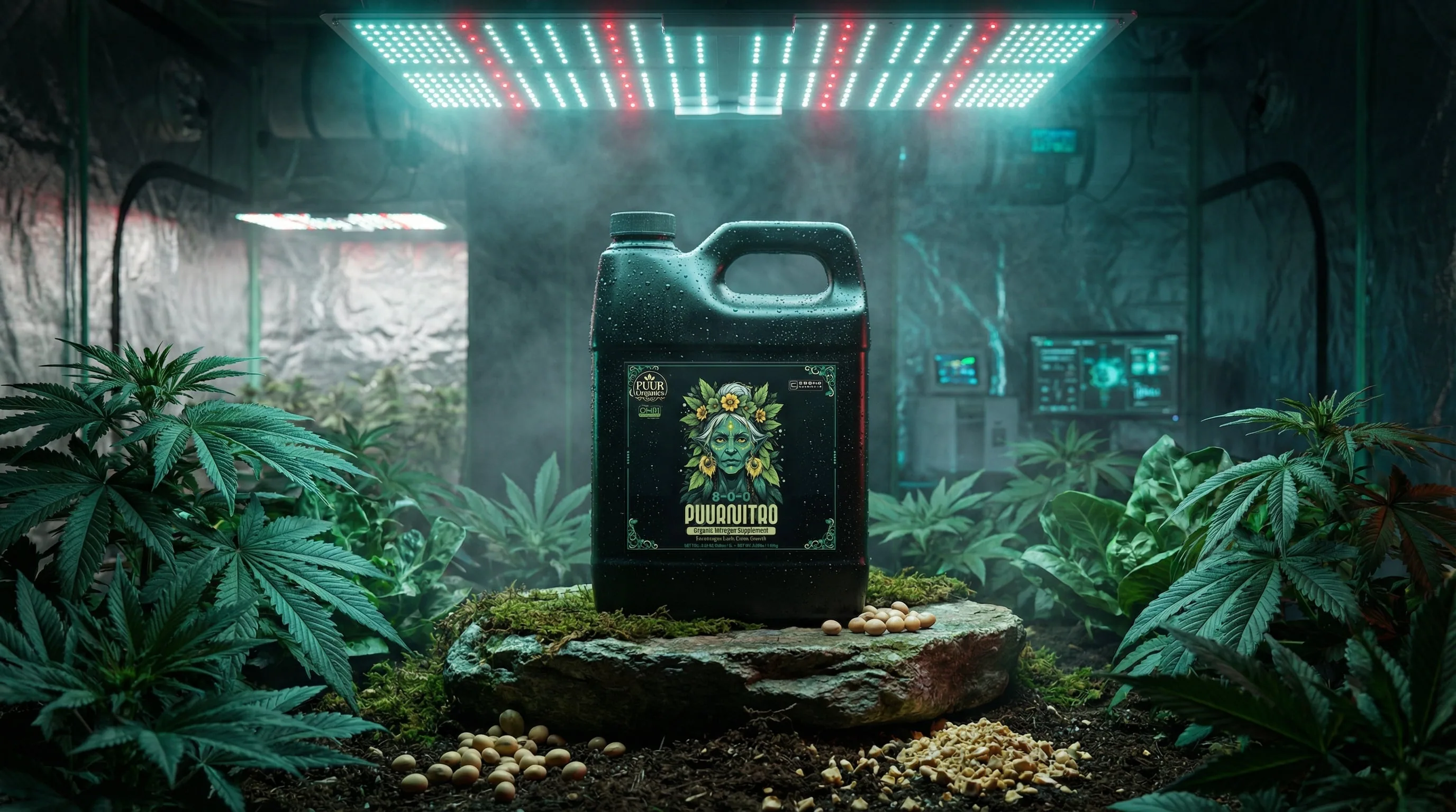 Cronk Nutrients PuurNitro nitrogen supplement in black jug with nature goddess label, showcased in atmospheric grow tent with cannabis plants and scattered seeds on mossy surface under LED grow lights