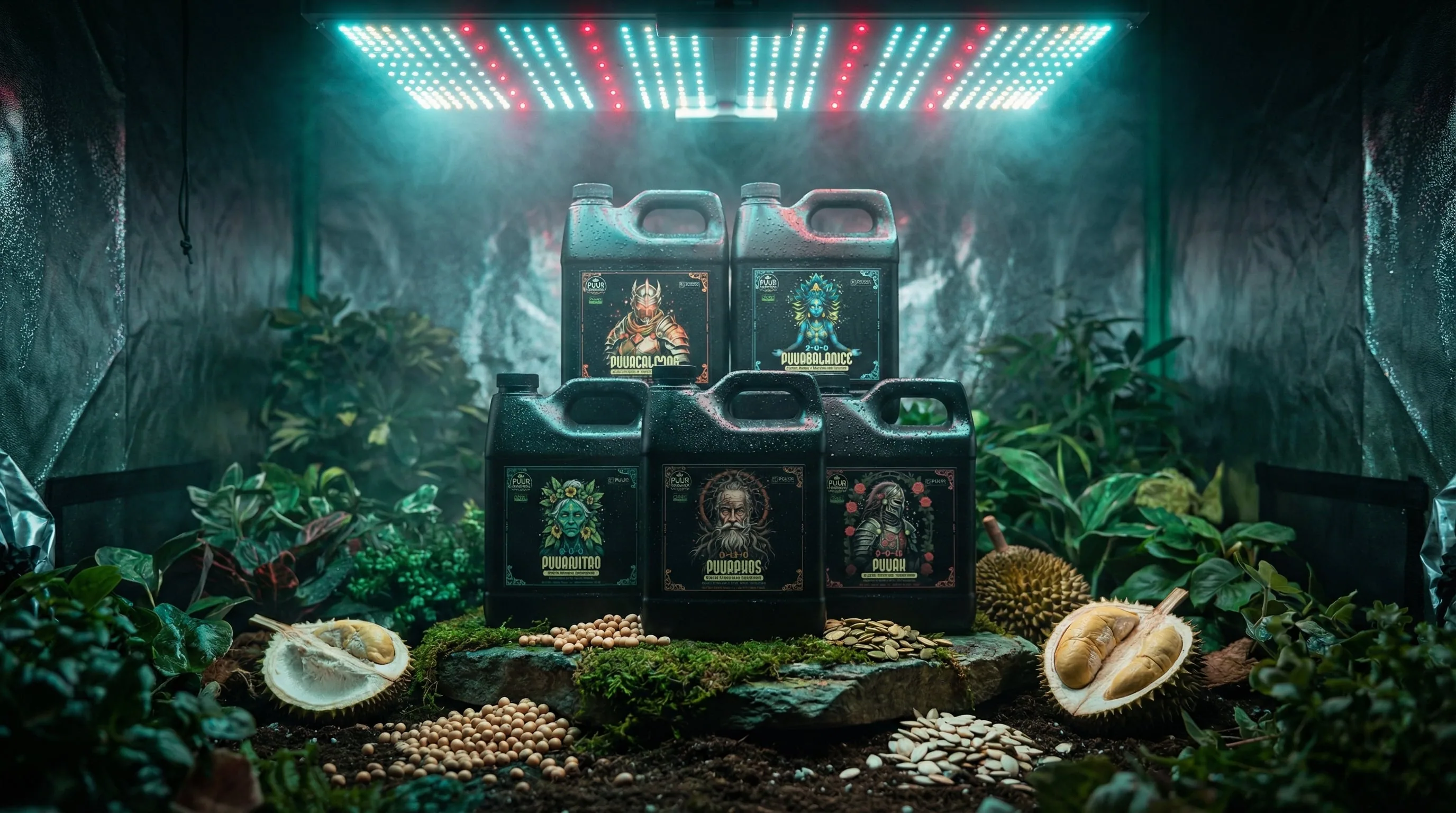 Cronk Nutrients PuurOrganics line complete six-bottle collection featuring PuraNitro, PuraBalance, PuraCalMag, PuraPhos, and PuraK supplements displayed with tropical fruits, seeds, and legumes in lush grow tent setting