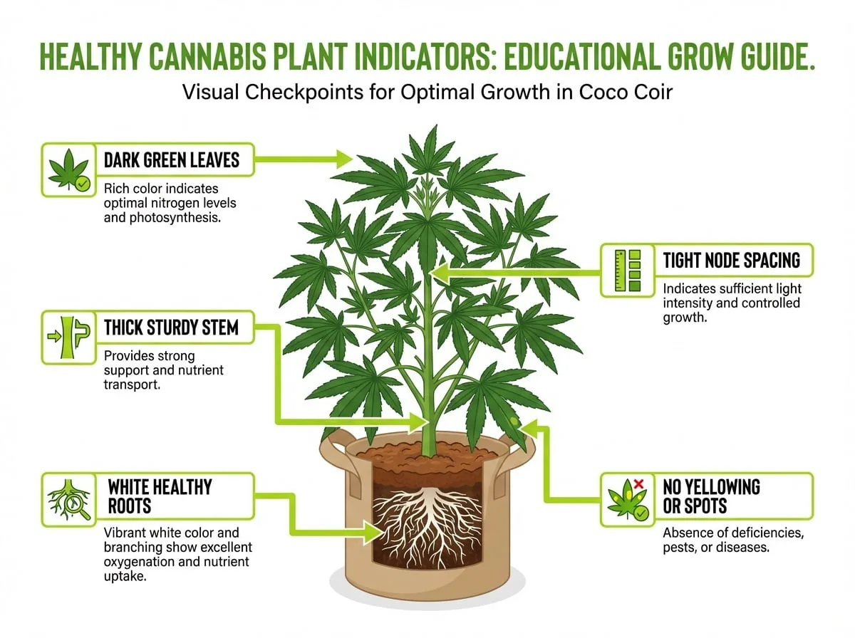 Diagram showing signs of a healthy cannabis plant in coco coir