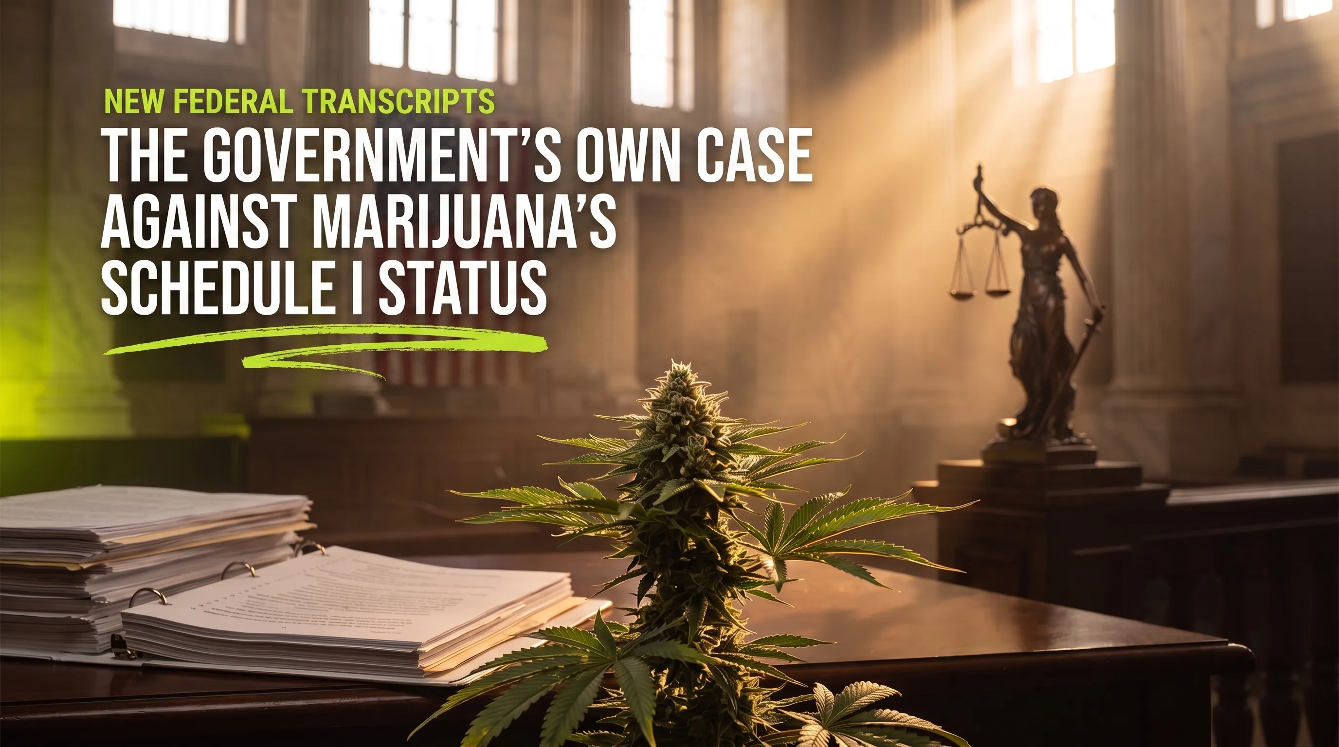 New federal transcripts: the government's own case against marijuana's Schedule I status, courthouse scene with a cannabis plant and scales of justice statue