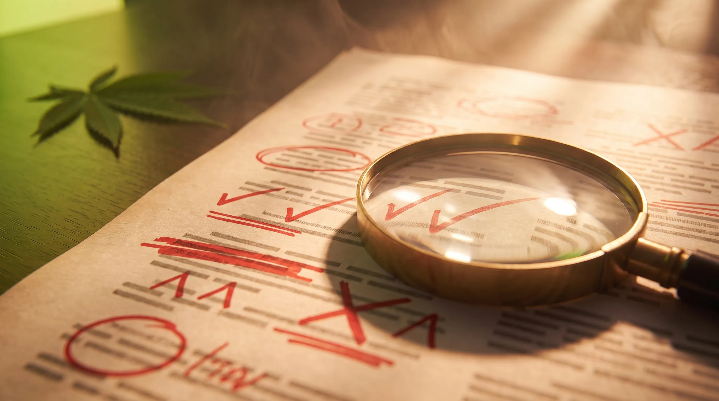 A printed transcript page marked up with red pen correction marks under a magnifying glass, with a cannabis leaf resting nearby