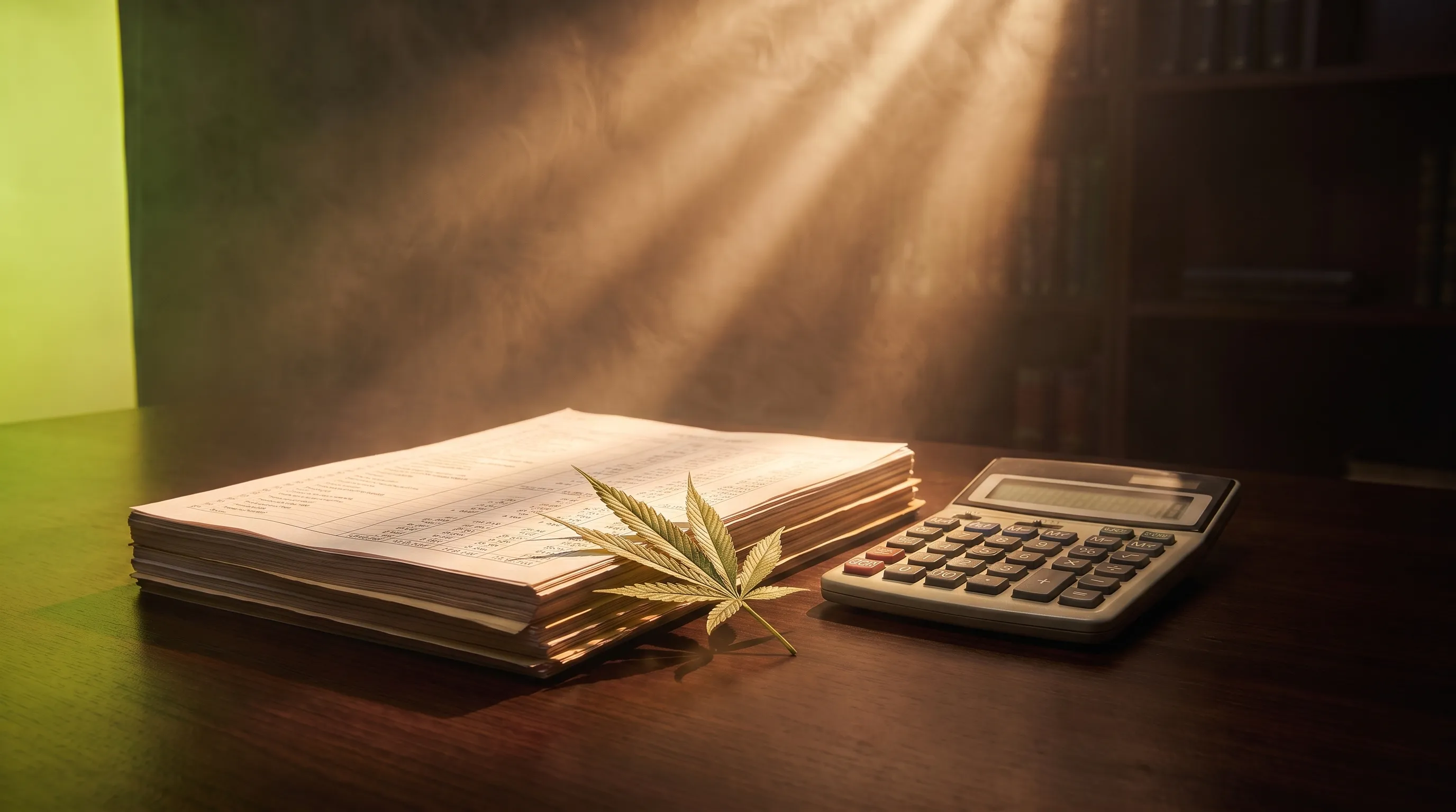 A calculator and a stack of accounting ledger papers on a desk with a cannabis leaf resting on top