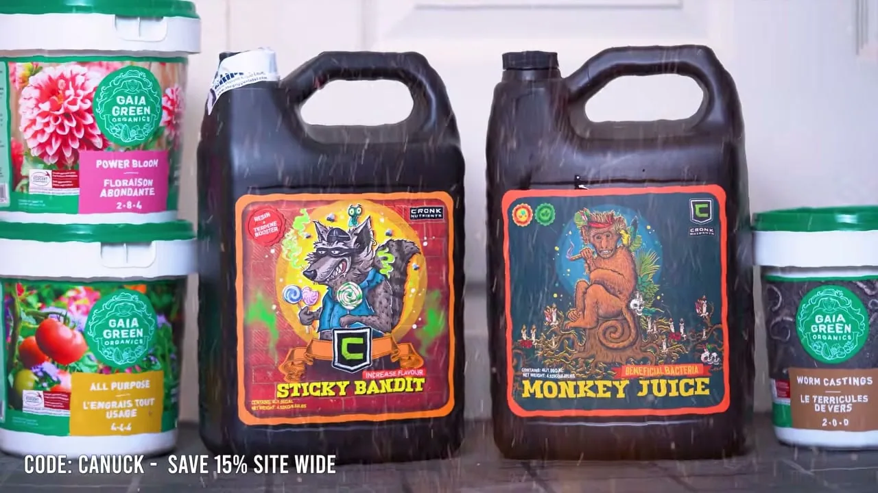 Cronk Sticky Bandit and Monkey Juice bottles in Mr. Canucks Grow setup